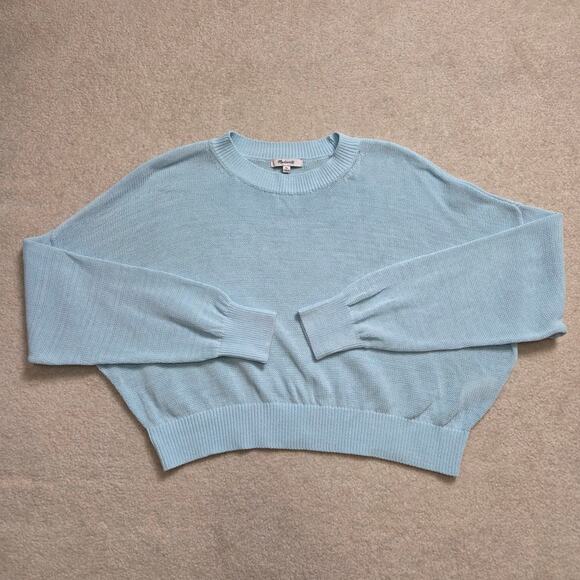 Madewell XL Pullover Cropped Long Sleeve Sweater Crew Neck Loose Knit Blue - Picture 2 of 14